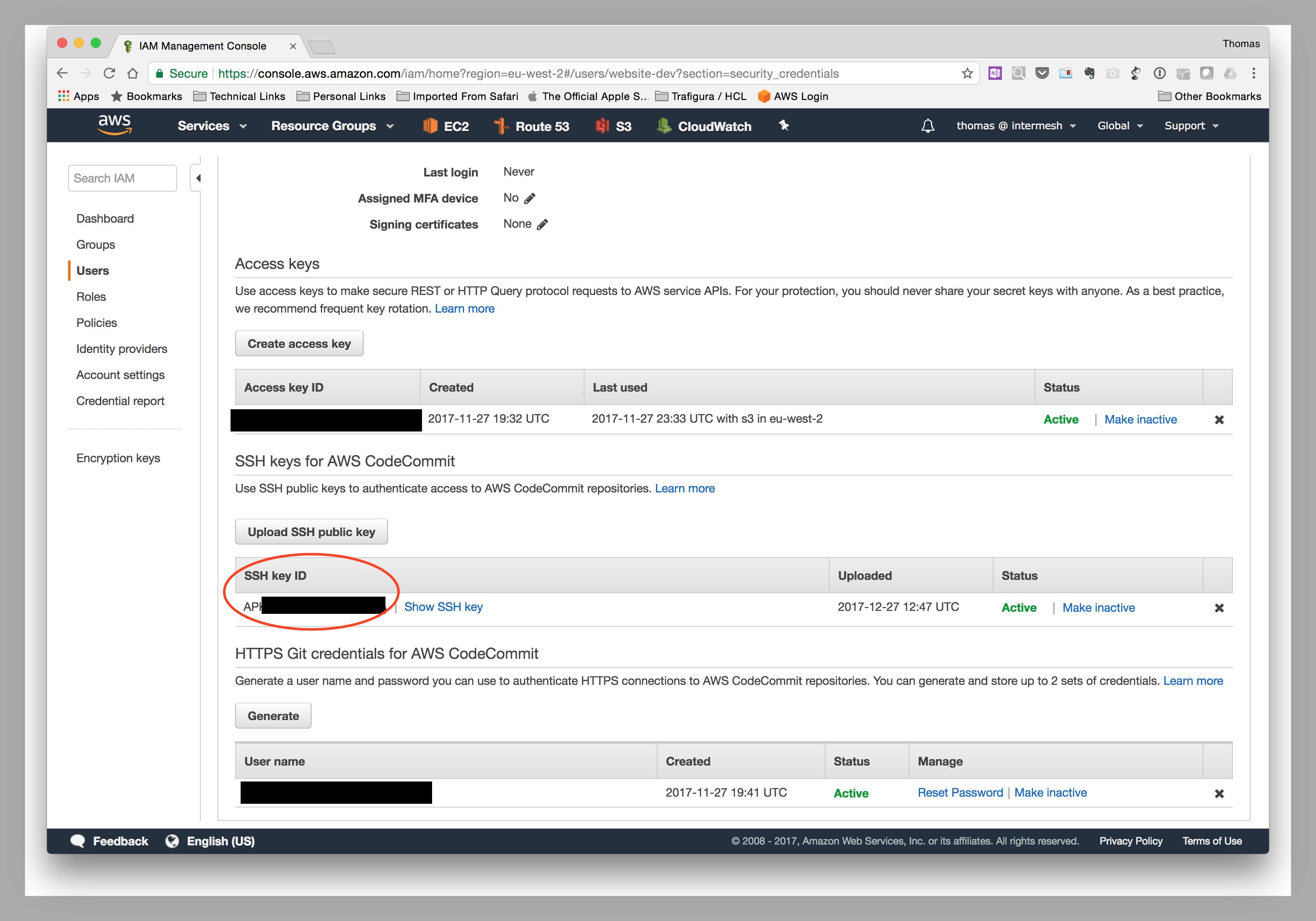 IAM Console for ssh key